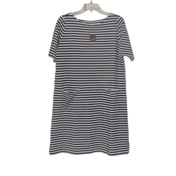 J Jill Shift Dress Navy & White Striped Pockets Knee Length Cotton Womens PM NWT - Picture 6 of 10